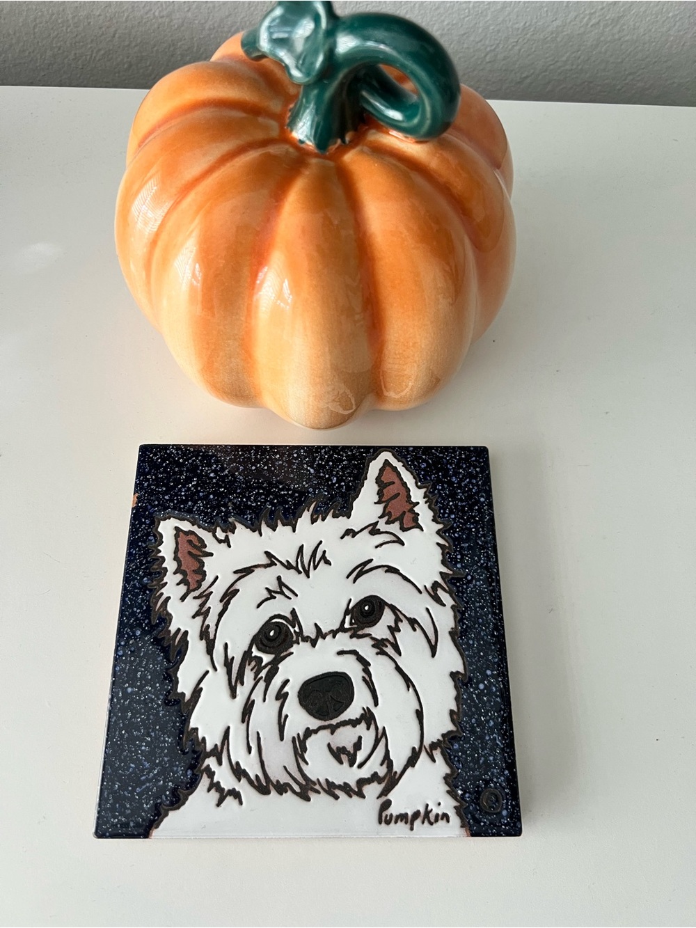 Pumpkin Inc Hand Painted Dog Ceramic Tile Trivet Wall Art